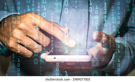 darknet and hacking concept. Hacker with cellphone. Man using dark web with smartphone. Mobile phone fraud, online scam and cyber security threat. Scammer using stolen cell. AR data code.