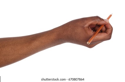 Dark-skinned Hand Holding Black Pencil. African American Man Writing Or Drawing, Isolated On White Background. Education, Business, Art Concept