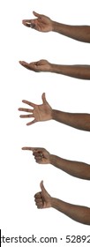 A dark-skinned hand making several gestures. All on white background.