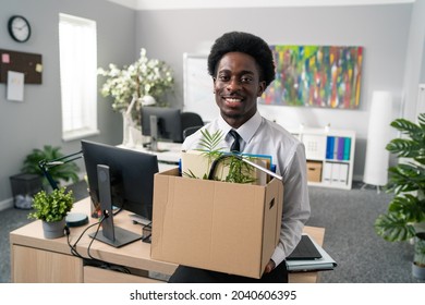 Dark-skinned handsome men in white shirt with afro hair quits corporate job, walks out of office with things packed in box, quits corporate, quits responsibilities, retires, leaves social room, happy