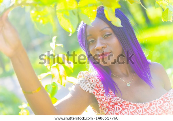 Darkskinned Model Purple Hair On Sunny Stock Photo Edit Now