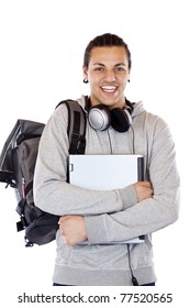 Dark-skinned Student with headphones carries notebook and smiles.Isolated on white background.