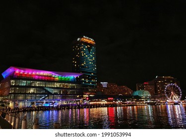 Darling Harbour Night View,  International Convention Centre Sydney,  Sofitel, Harbourside Mall, Novotel, Sydney Night Life, Australia, 14 June 2021