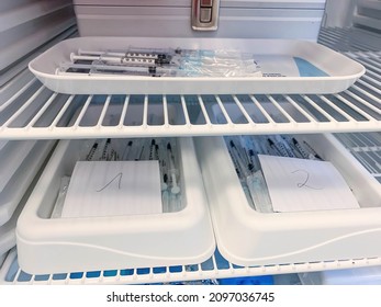 Darmstadt-Germany - 12.02.2021 Many Covid-19 Vaccine Syringes Laying In Freezer