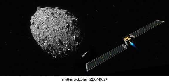 DART satellite on collision course to impacting the asteroid DIMORPHOS to deflect its orbit.  - Shutterstock ID 2207440729