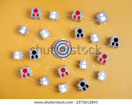 Dartboard and red arrow connection linkage with human icon for customer focus target group and customer relation management concept. Target customer, Marketing plan and strategies.