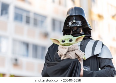 Darth Vader From The Star Wars Saga With Grogu In His Hands. Russia,Rostov-on-Don,Sept 28, 2021