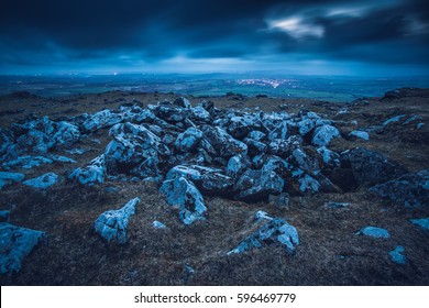 Dartmoor National Park Looking Over The Stones At Night.