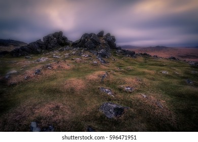 Dartmoor Tor In The National Park At Night.