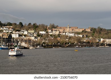 Dartmouth, Devon, UK. January 4, 2022. River Dart with Britannia Royal Naval College and passenger ferry  