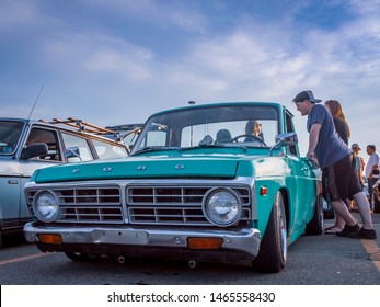 Dartmouth, Nova Scotia, Canada - July 18, 2019 : Ford Courier Pickup Truck Low Rider At Weekly Summer A&W Cruise-In At Woodside Ferry Terminal Parking Lot.

