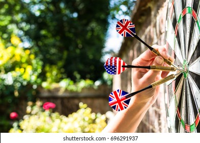 Darts On A Board. US And UK Colours. The Special Transatlantic Relationship. Concepts From Politics To Sport.