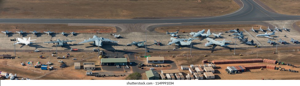 Darwin, Australia - August 4, 2018: Aerial View Of Military Aircraft Lining The Tarmac At Darwin Royal Australian Airforce Base During A Public Open Day For Operation Pitch Black Exercises