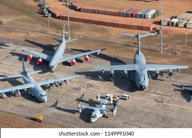 Darwin, Australia - August 4, 2018: Aerial View Of Military Aircraft Lining The Tarmac At Darwin Royal Australian Airforce Base During A Public Open Day For Operation Pitch Black Exercises