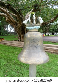 Darwin, Northern Territory, Australia 2/20/2018. Civic Square Darwin Featuring HMS Beagle Ship Bell Chime And Other Bells Forming Musical Instrument Accessible To The Public. Also Tree Of Knowledge.