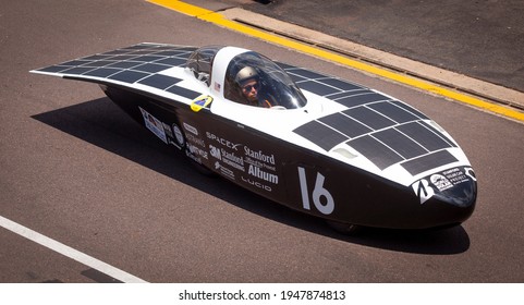 Darwin, Northern Territory, Australia, October 9th 2019: Stanford Solar Car Project with their car, Black Mamba testing at Hidden Valley race track as part of 2019 Bridgestone World Solar Challenge.