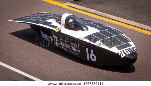 Darwin, Northern Territory, Australia, October\
9th 2019: Stanford Solar Car Project with their car, Black Mamba\
testing at Hidden Valley race track as part of 2019 Bridgestone\
World Solar Challenge.
