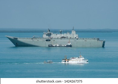 Darwin, Northern Territory, Australia-September 2, 2018: Naval Vessel With Helicopter Dock And Pearling Vessel In The Timor Sea Off The Coast Of Darwin, Australia