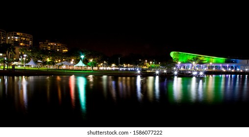 Darwin Skyline, City lights reflected in the harbour waters. The Australian capital city of the Northern Territory.
