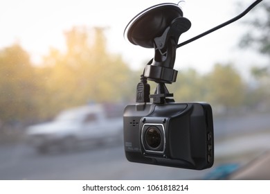 Dash cam on car windshield