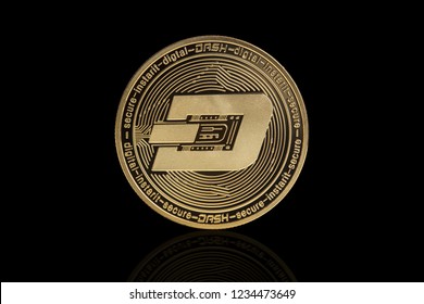 Dash Cryptocurrency Coin On Black Background