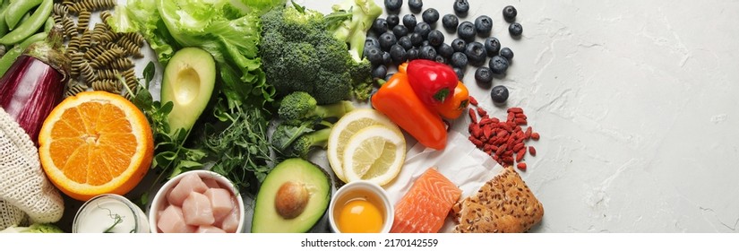 Dash flexitarian mediterranean diet on light background. Healthy food concept. Flat lay, top view, copy space, panorama