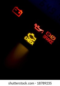 Dash Lights Of A Korean Sports Car. Focus On Brake Signal.