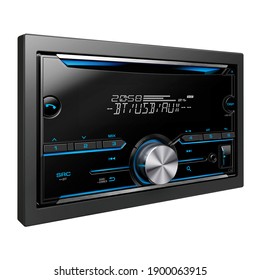 In Dash Receiver With USB Aux Ports Isolated On White. Multimedia DVD CD Receiver With 7 Inch Touchscreen Flip-Down Monitor Display. Car Audio System With GPS. Car Electronics. GPSCar Audiocar Stereo