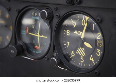 Dashboard altimeter detail of an airplane. Horizontal