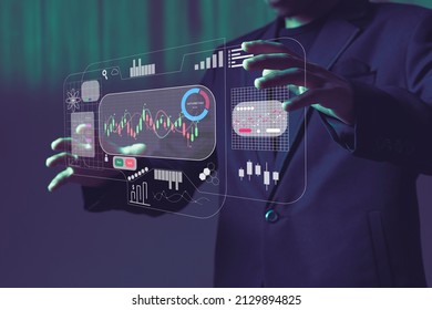 Dashboard Application On Screen With Businessman Analytics Data, Charts And Graphics 