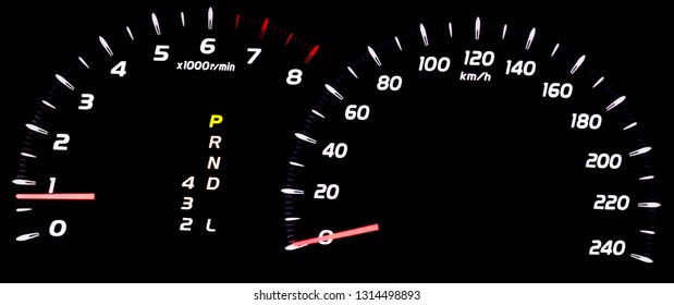 The dashboard of the car, odometer, indicator.