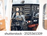 Dashboard cockpit plane, inside the small airplane. cockpit of a small plane. Control panel in the small cockpit of a  plane.