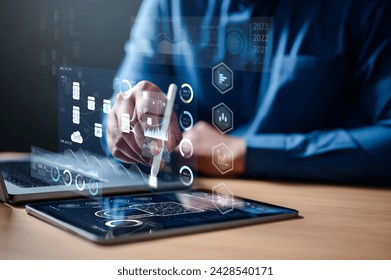 dashboard, database, management, system, technology, information, network, analysis, graph, cloud computing. use tablet to analyst working with business analytics and data management system.