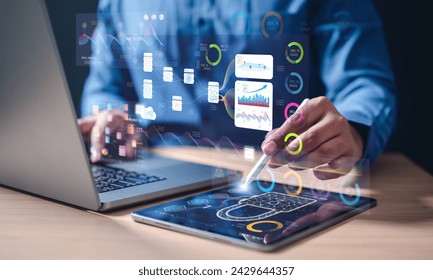 dashboard, database, management, system, technology, information, network, analysis, graph, cloud computing. use tablet to analyst working with business analytics and data management system.