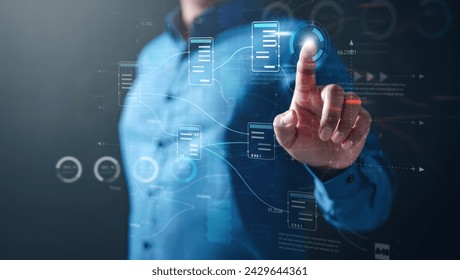dashboard, database, management, system, technology, information, network, analysis, graph, cloud computing. exposure of professional businessman system analysis design and drawing database table.