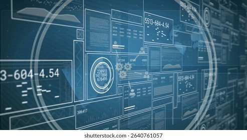 Dashboard displaying panels with graphs and data readouts, reticles and maps on control panel. Futuristic, technology, analytics, data visualization, interface, digital, high-tech
