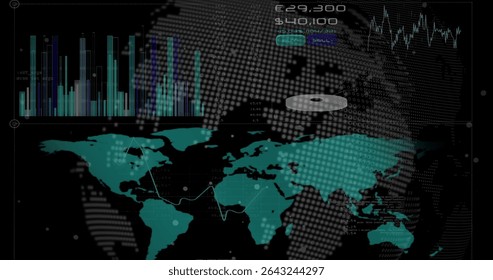 Dashboard displaying teal world map on dark interface, with bar chart, ring chart, buy sell buttons. Financial, analytics, technology, data visualization, investment, digital, currency