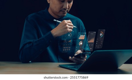 Dashboard With Financial Analytics Graphs, Businessman Data Analytics Dashboard And KPI Performance management innovative software in smartphone for real time monitoring.