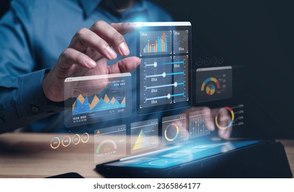dashboard, indicator, chart, data, statistic, investment, graph, management, analyze, diagram. touching at dashboard data management to manage data, bar and graph show above that smart phone.