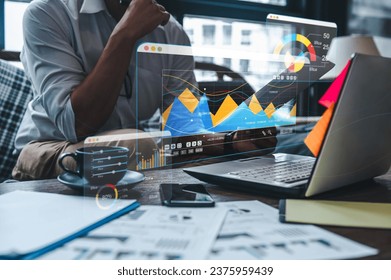 dashboard, indicator, chart, data, statistic, investment, graph, management, analyze, diagram. touching at dashboard data management to manage data, bar and graph show above that smart phone.
