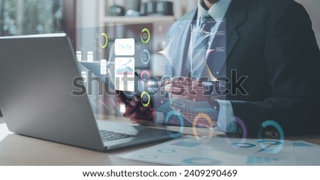dashboard, indicator, chart, data, statistic, investment, graph, management, analyze, diagram. touching at dashboard data management to manage data, bar and graph show above that smart phone.