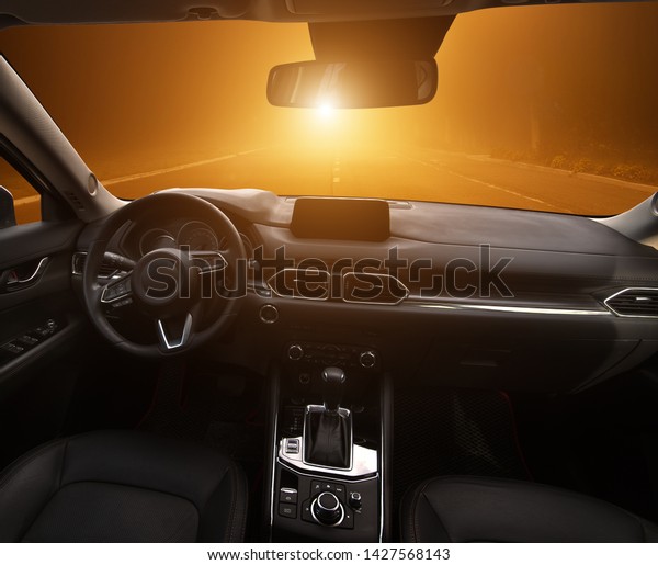 Dashboard inside car. Element of design.
Travel and transportation scene. Drive at
night.