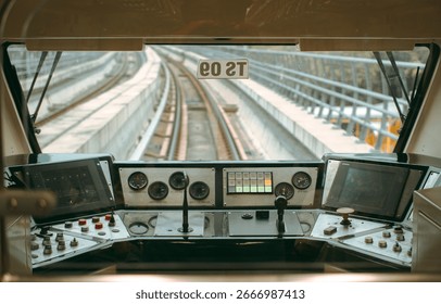 dashboard interior of train with control