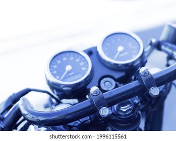 The Dashboard Of The Motorcycle And Part Of The Steering Column. Selective Focus.High Quality Photo