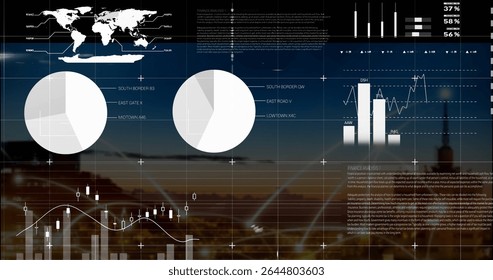 Dashboard overlaying dusk skyline, with world map, pie charts and bar, line and candlestick charts. Technology, analytics, data visualization, urban, futuristic, digital interface, business