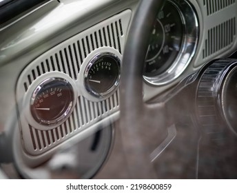 Dashboard and steering wheel of old-timer car