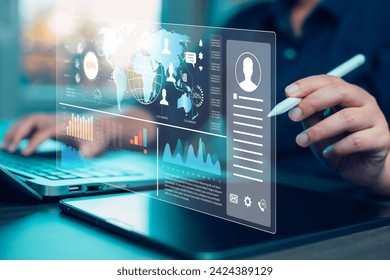 Data analysis and accessing personal information concept,management System for report marketing strategy planning. graph analysis and information on a futuristic virtual screen.