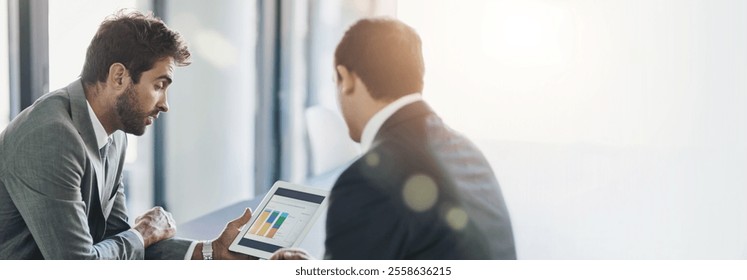 Data analysis, advice and men in office with tablet, banner space and planning for sales growth. Charts, graphs and business people with digital app for stats, discussion and online report on mock up