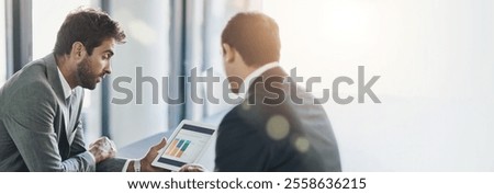 Data analysis, advice and men in office with tablet, banner space and planning for sales growth. Charts, graphs and business people with digital app for stats, discussion and online report on mock up