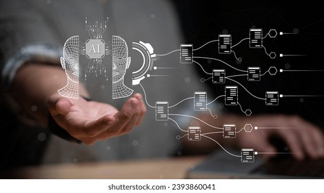 Data analysis of ai artificial intelligence process with technology processor to planning business information data, tech, network corporate concept.